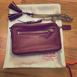 Tan Coach Bag with Gold Chain Strap.